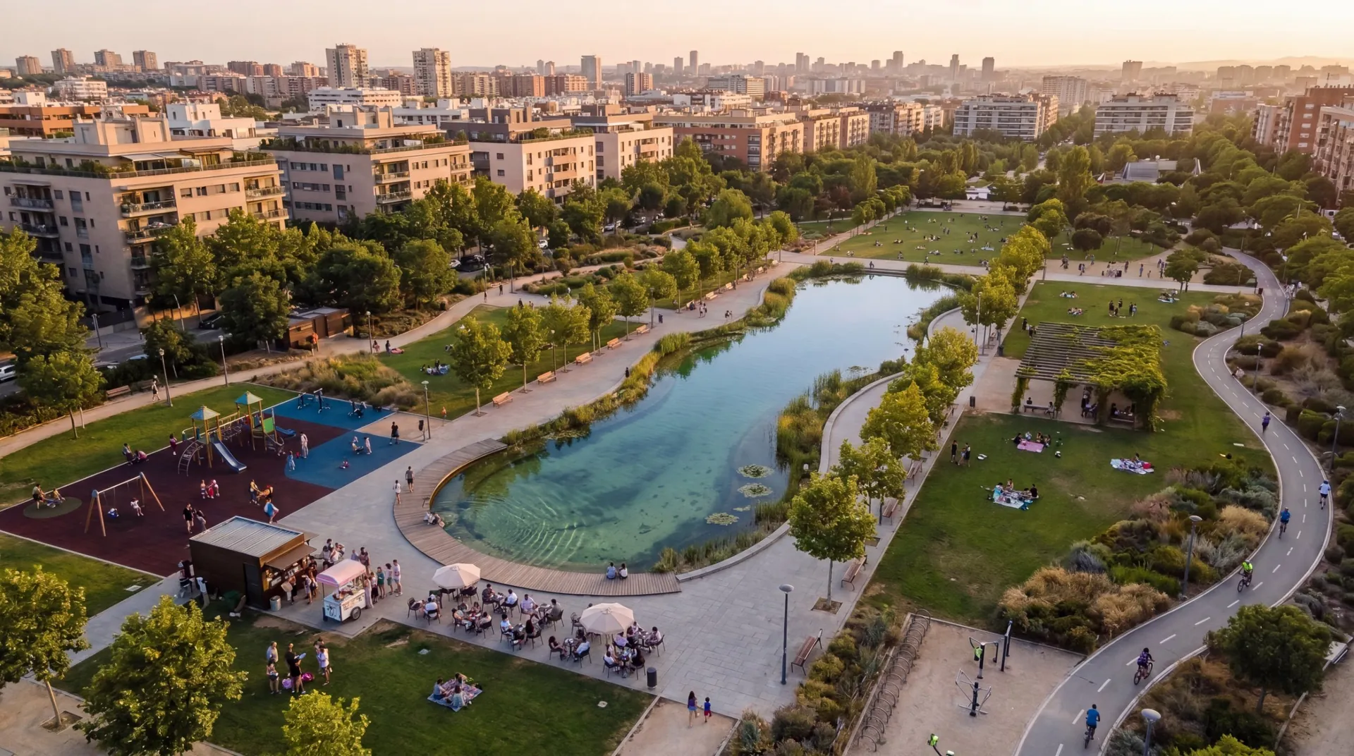 Kent parkında berrak ekolojik gölet, ahşap iskele ve sazlık kenar